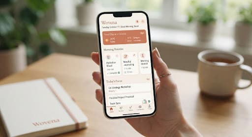 Wovena dashboard screen showing a morning routine and daily focus