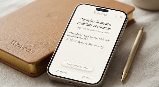 Wovena journal screen with a reflective writing prompt