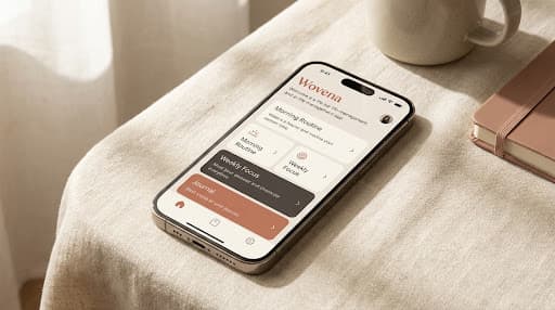The Wovena app shown across several screens on a smartphone
